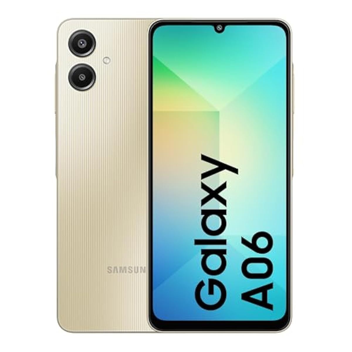 Smartphone Samsung Galaxy A06 en color dorado, vista frontal y trasera con doble cámara trasera.