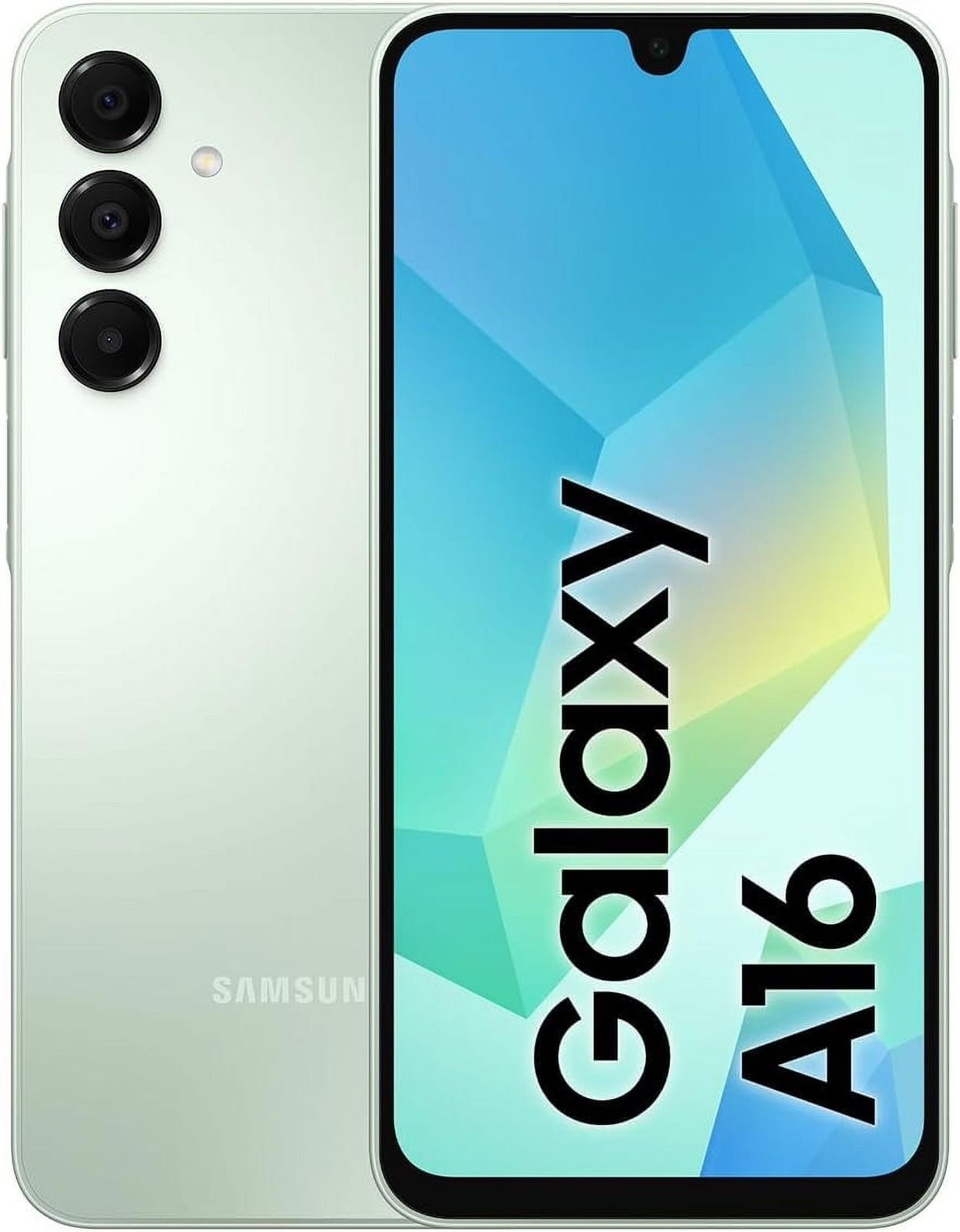 El smartphone Samsung Galaxy A16 se muestra por delante y por detrás en color verde menta, con triple cámara trasera y texto en la pantalla.