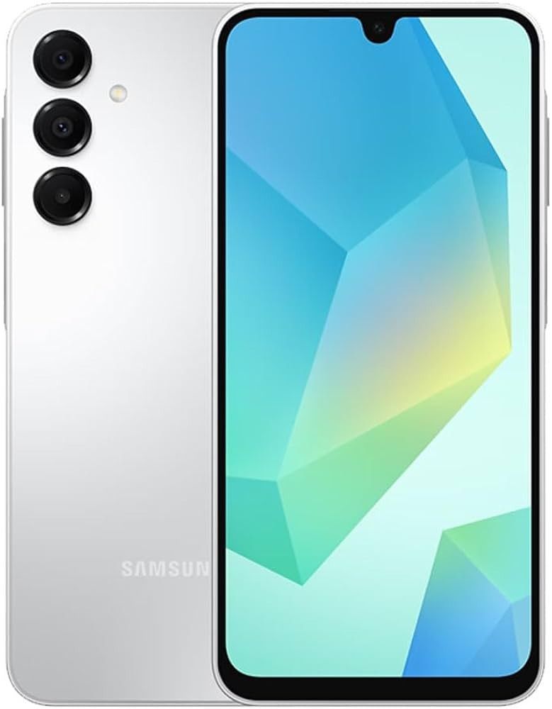 El smartphone Samsung Galaxy A16 se muestra por delante y por detrás en color verde menta, con triple cámara trasera y texto en la pantalla.