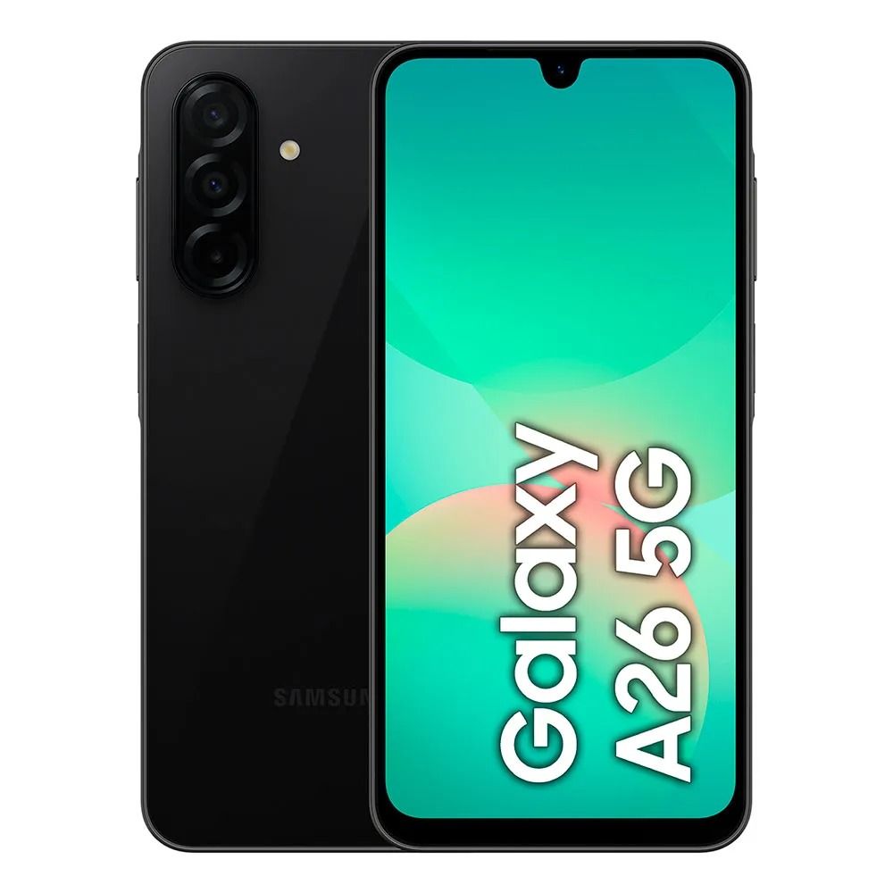 Smartphone Samsung Galaxy A26 5G, vista frontal y trasera, color negro con pantalla turquesa.