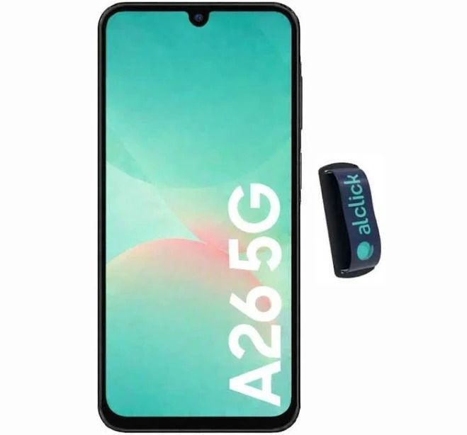 Teléfono Samsung Galaxy A26 5G con dongle USB negro sobre fondo blanco