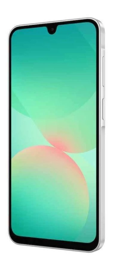 Teléfono Samsung Galaxy A26 5G con dongle USB negro sobre fondo blanco