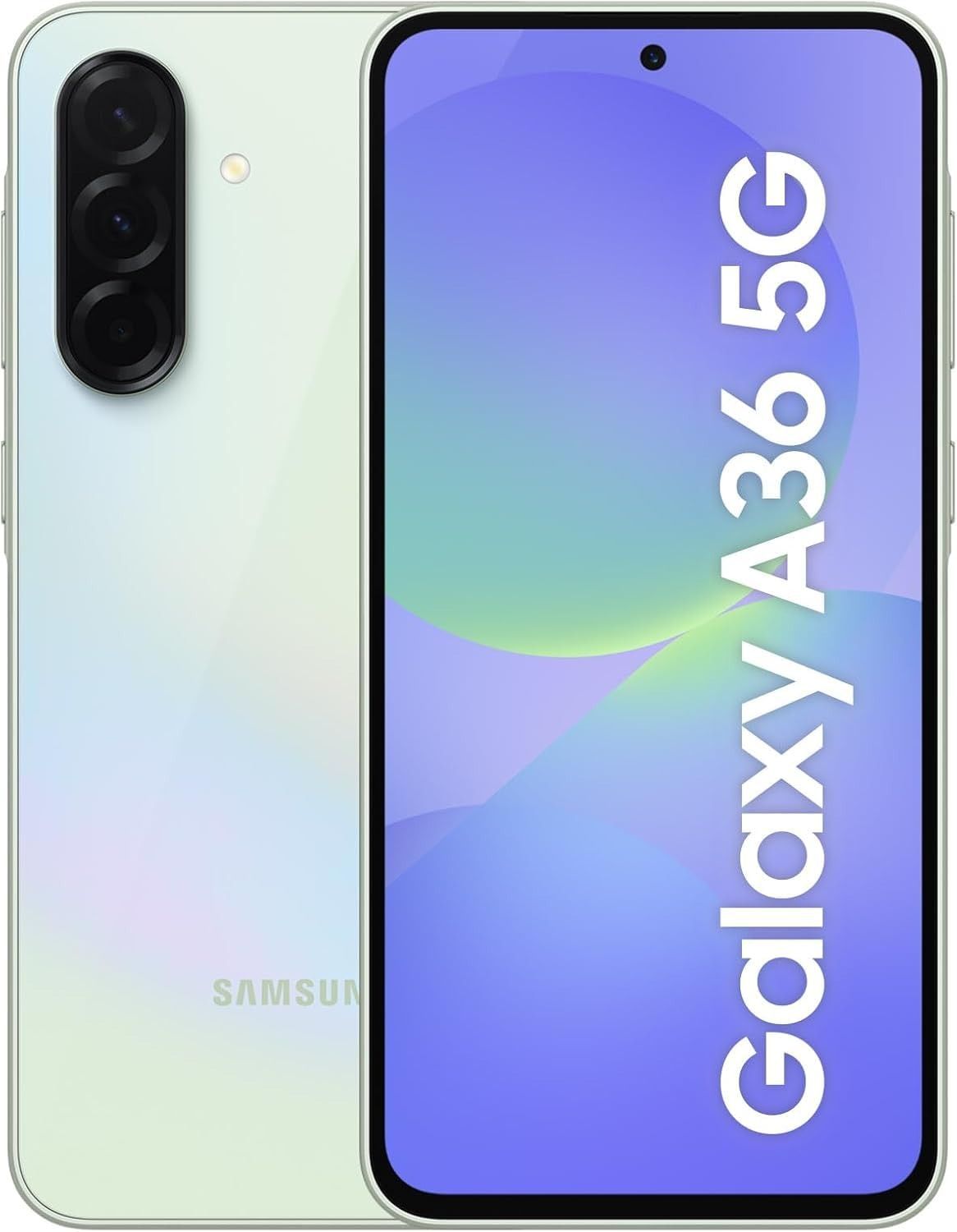 Se muestra el smartphone Samsung Galaxy A36 5G por delante y por detrás, en color verde menta con pantalla morada.