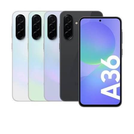 Smartphone Samsung Galaxy A36 5G, vistas frontal y trasera en color blanco con pantalla morada.