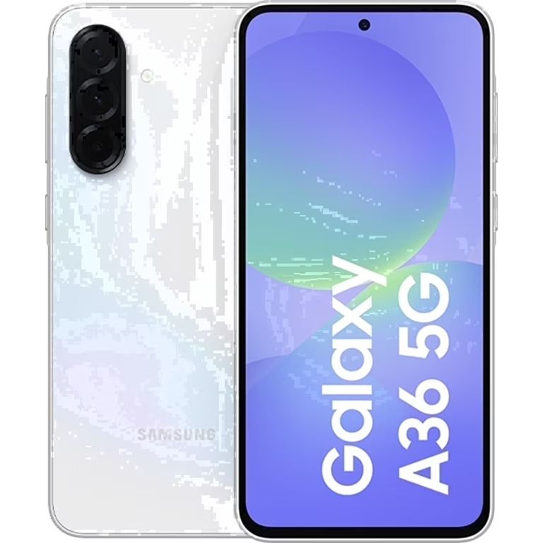 Smartphone Samsung Galaxy A36 5G, vistas frontal y trasera en color blanco con pantalla morada.