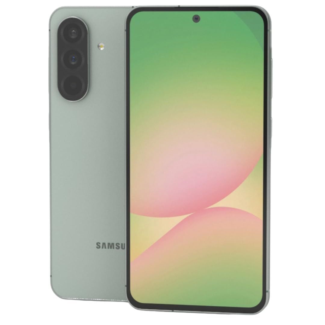Se muestra el teléfono Samsung Galaxy A56 5G por delante y por detrás, de color gris oscuro con texto en la pantalla de color verde.
