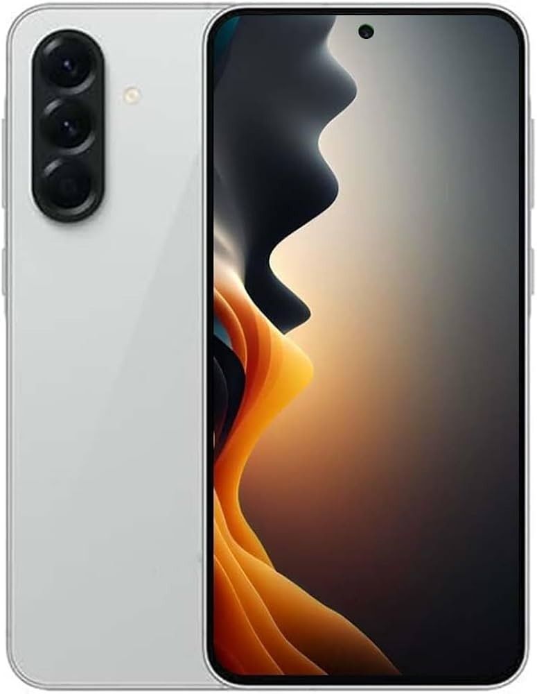 Se muestra el teléfono Samsung Galaxy A56 5G por delante y por detrás, de color gris oscuro con texto en la pantalla de color verde.