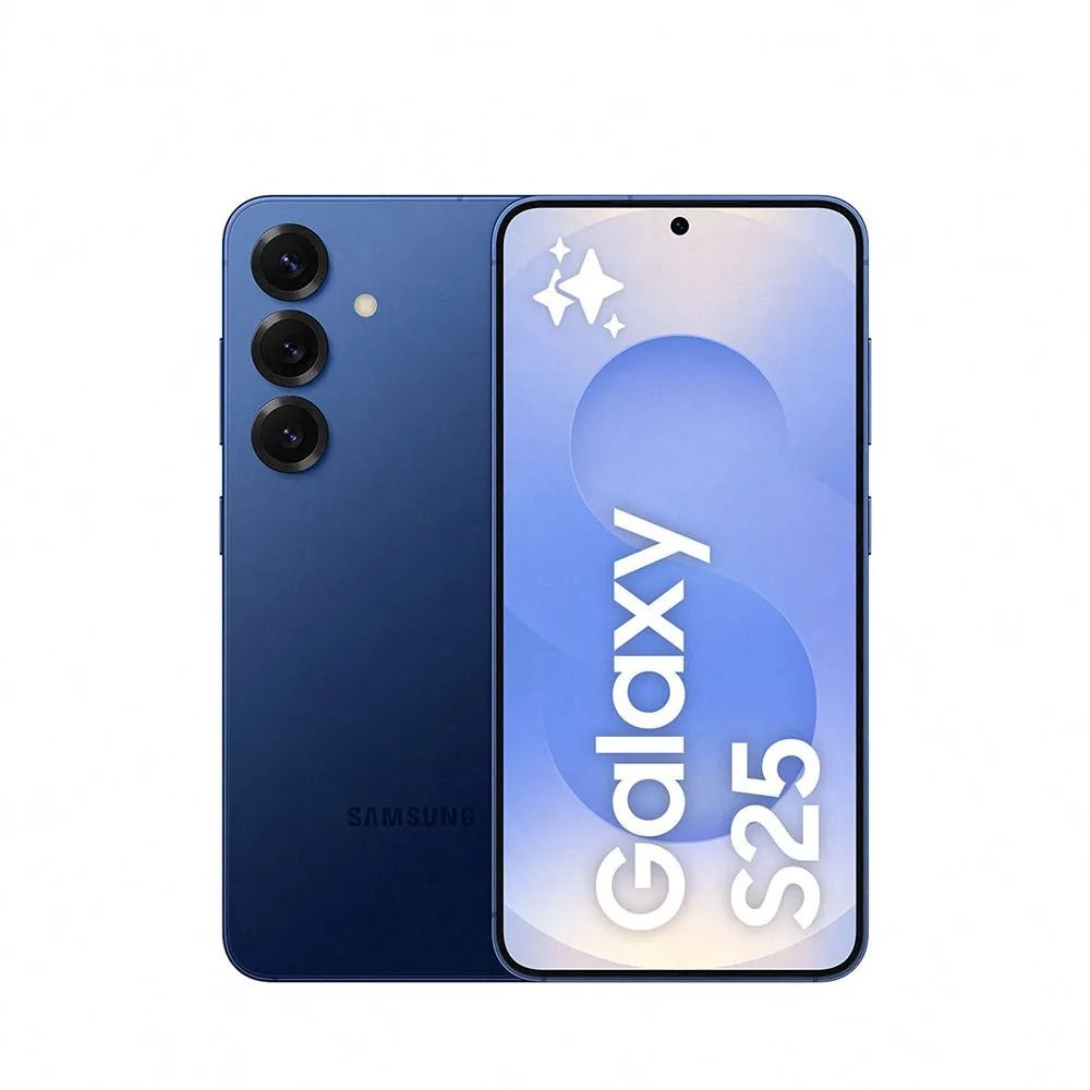Smartphone Samsung Galaxy S25 en color azul, vistas frontal y trasera con la pantalla visible.