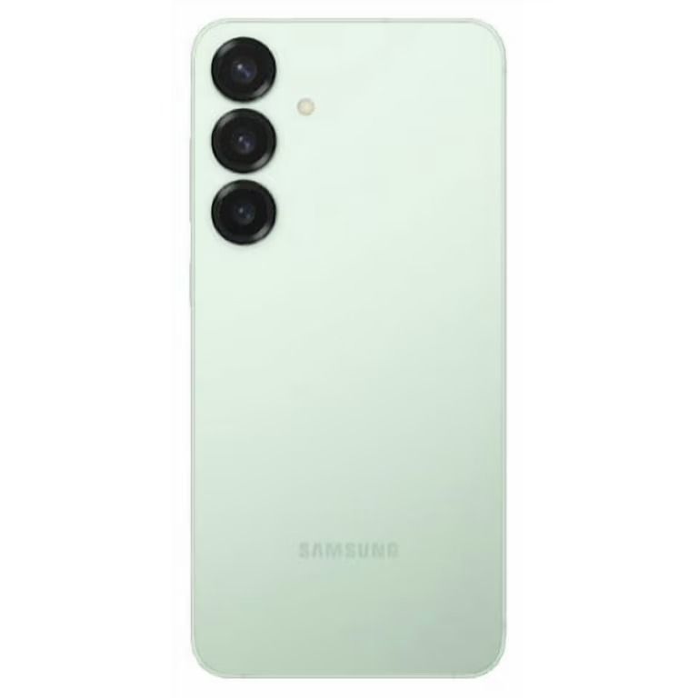 Parte trasera de un smartphone Samsung de color verde menta con tres cámaras traseras y un flash.