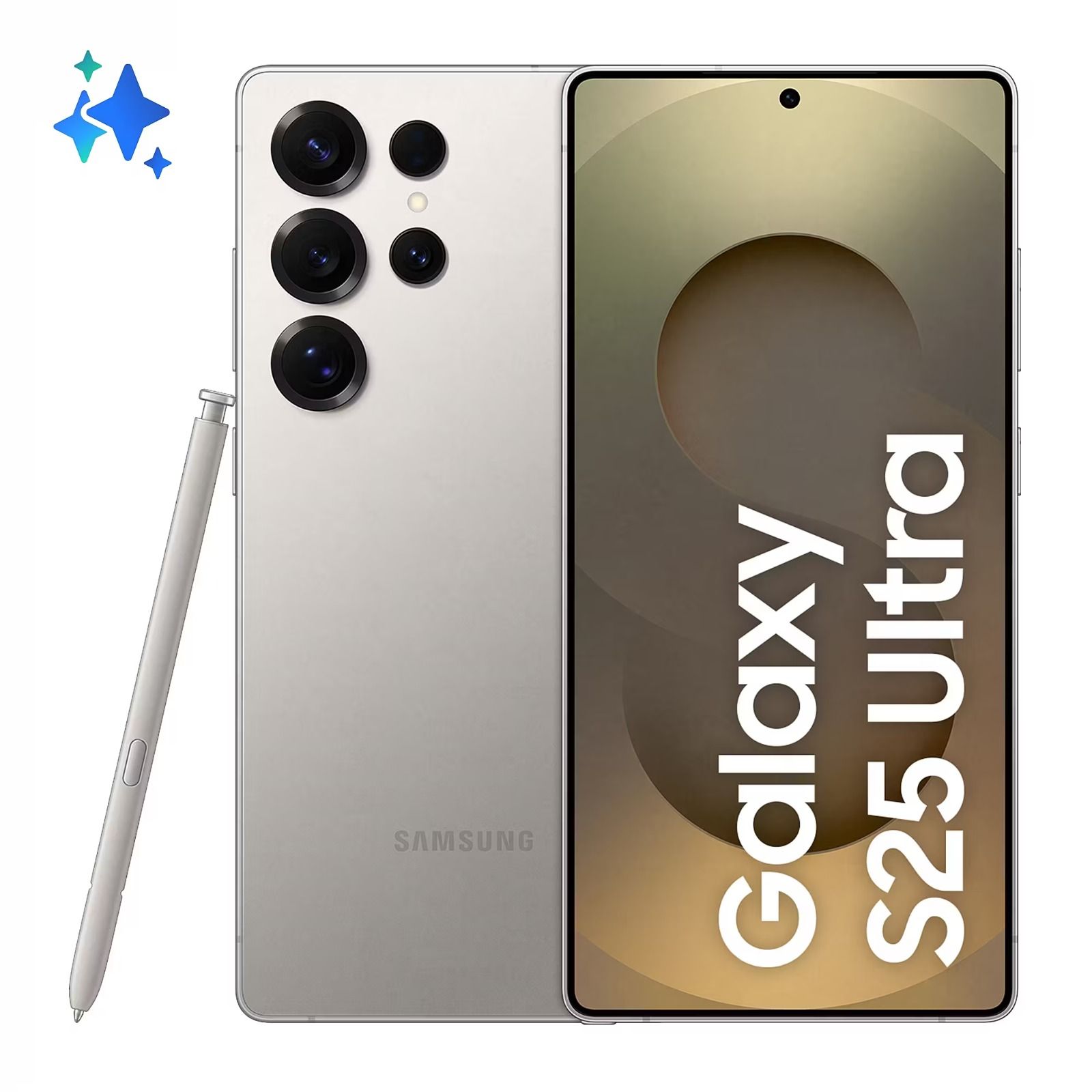 Samsung Galaxy S25 Ultra con S Pen, teléfono plateado por delante y por detrás sobre fondo beige.