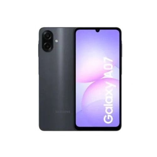 Se muestra el smartphone Samsung Galaxy A07 por delante y por detrás en color gris oscuro, con pantalla de color púrpura.
