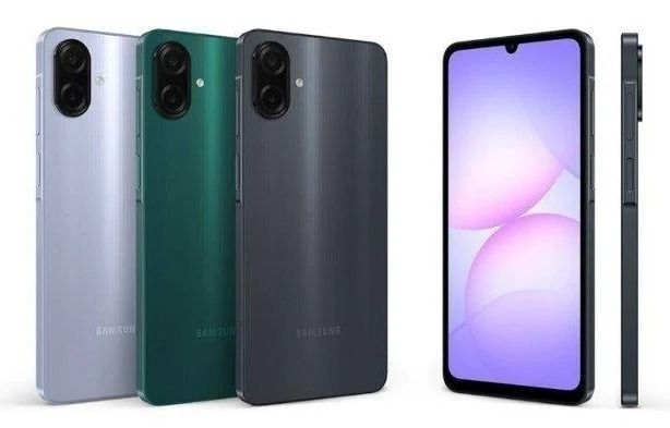 Tres teléfonos inteligentes mostrados de frente y de espaldas en color plata, verde y gris oscuro con una pantalla morada.