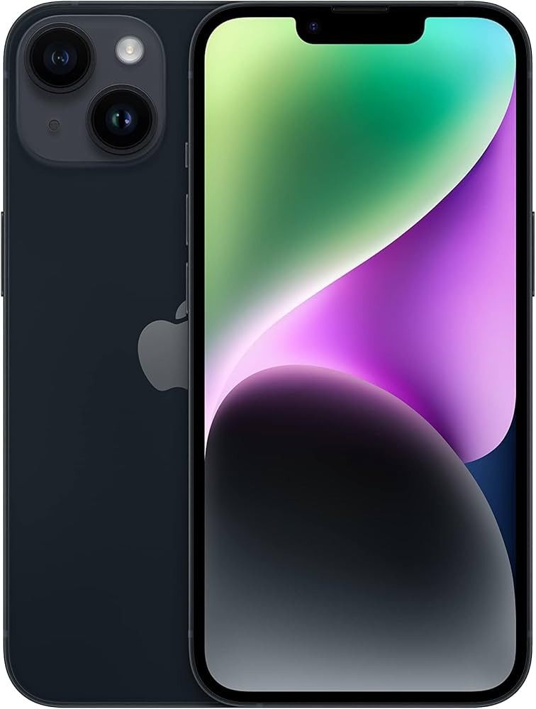 Dos iPhones negros, uno de ellos con una pantalla de degradado de colores, vistas frontal y posterior.