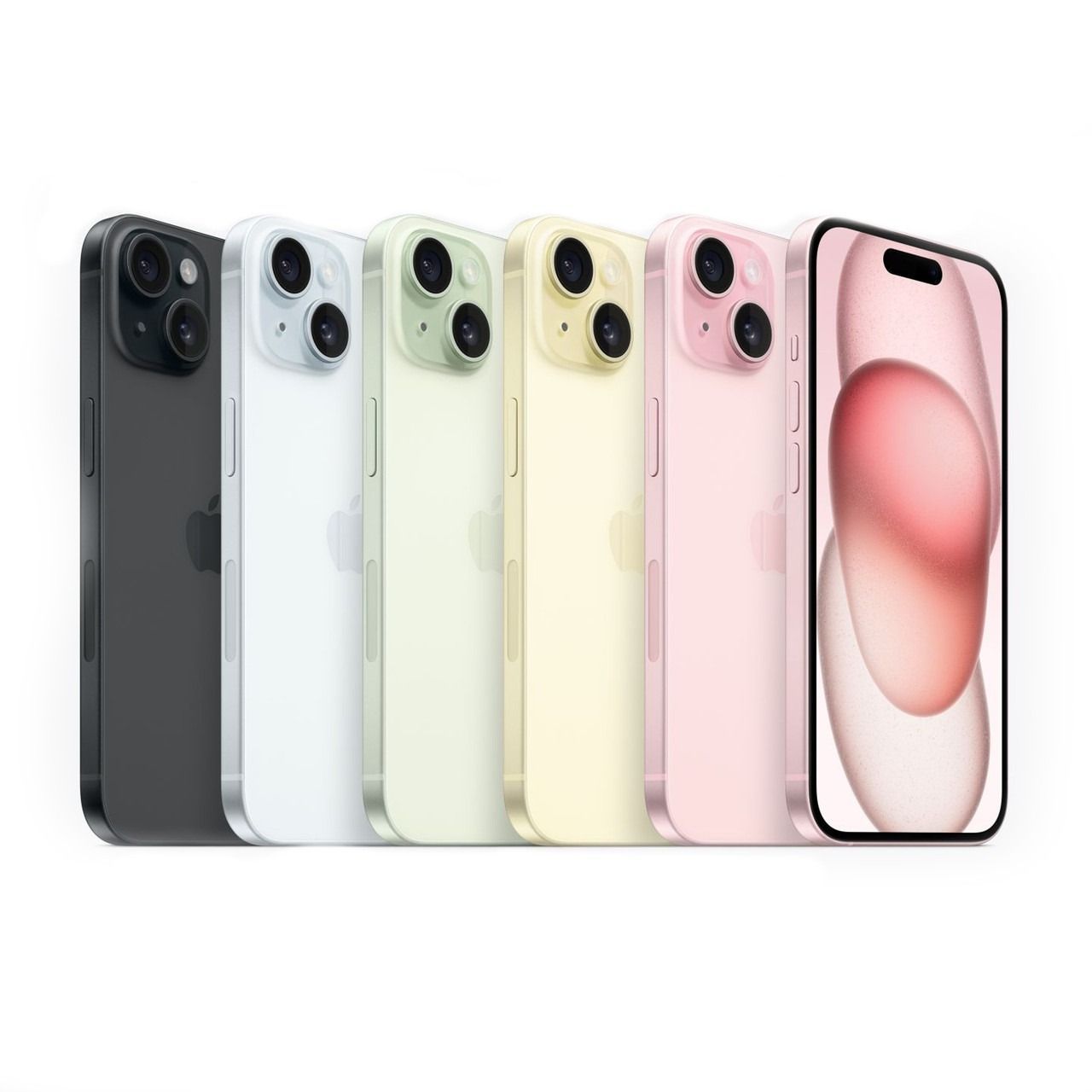 Seis iPhones en negro, blanco, verde, amarillo, rosa y coral, mostrados uno al lado del otro con una pantalla rosa.