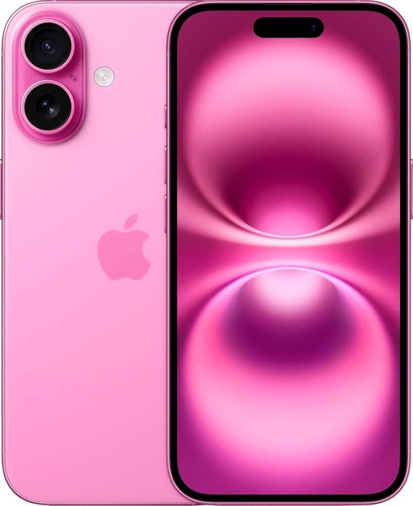 IPhone rosa con doble cámara que muestra la parte frontal y trasera en un diseño de fondo de pantalla magenta.