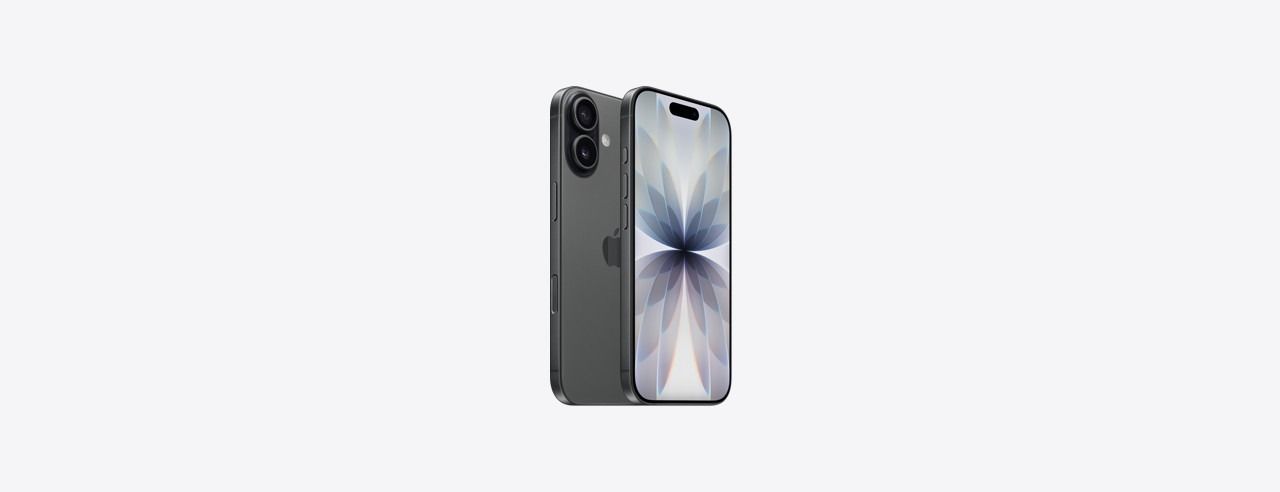 Smartphone azul claro mostrado por delante y por detrás, con cámaras traseras duales y un fondo de pantalla de flores azules.