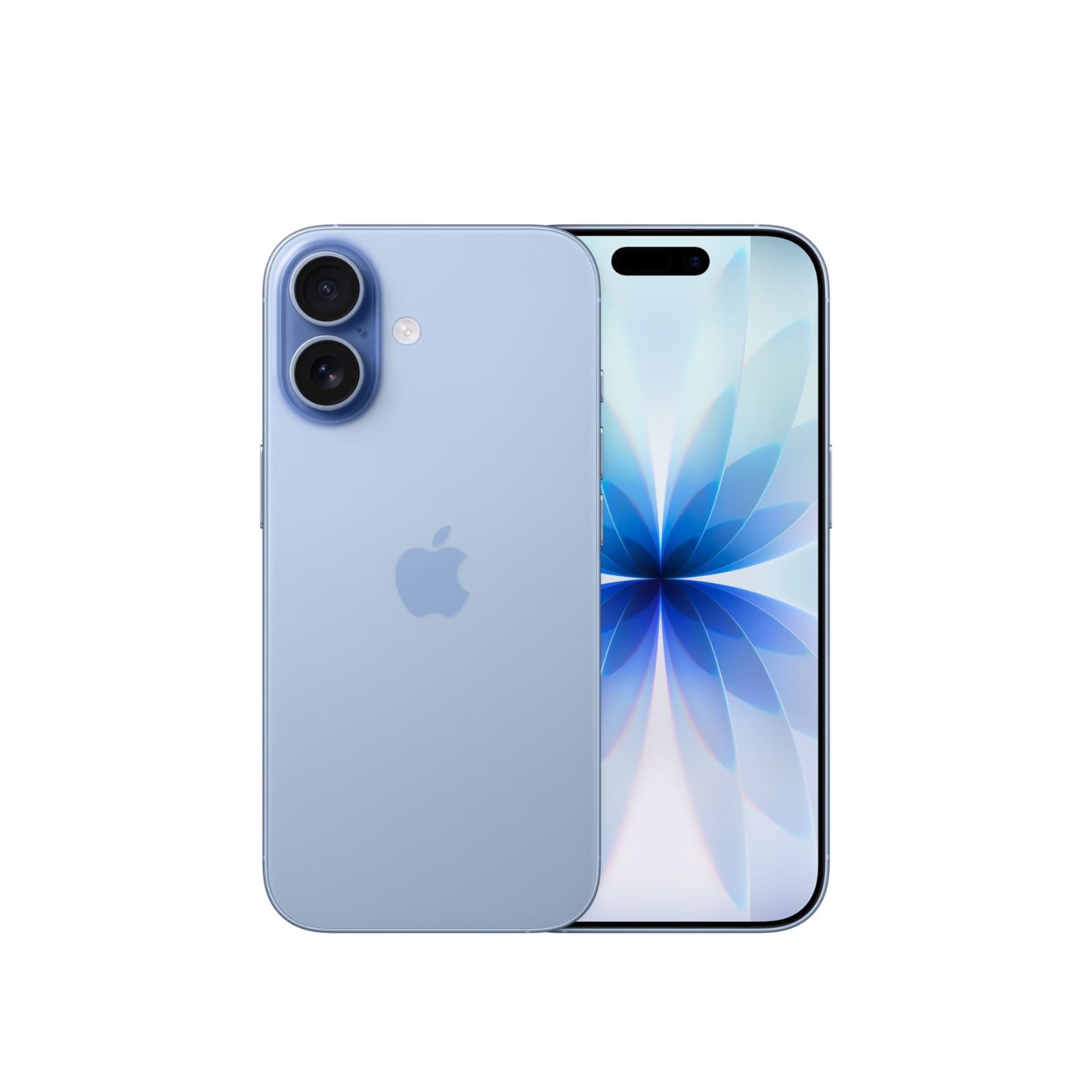 Smartphone azul claro mostrado por delante y por detrás, con cámaras traseras duales y un fondo de pantalla de flores azules.