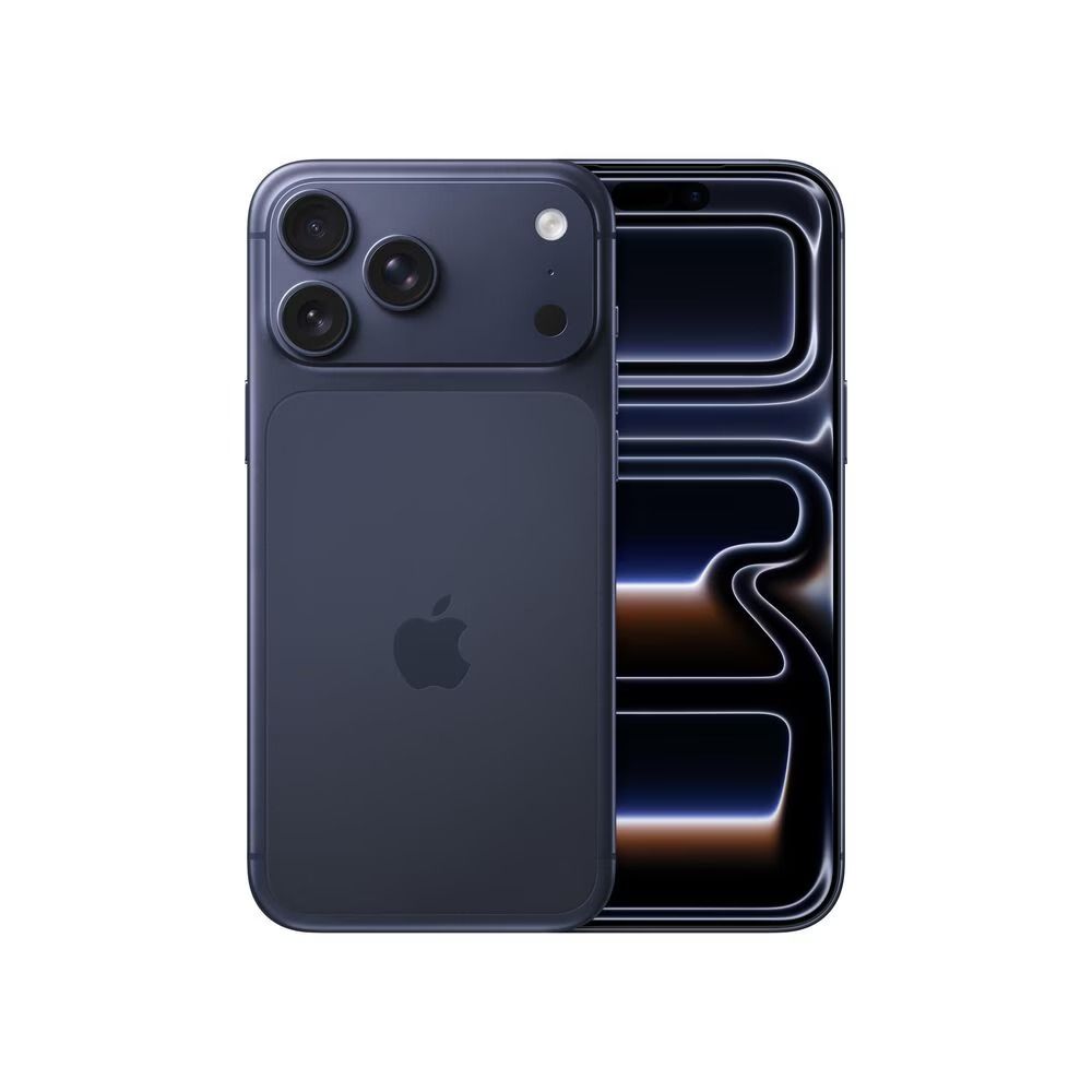 IPhone morado oscuro con triple cámara trasera junto a una vista frontal que muestra un fondo de pantalla abstracto brillante.