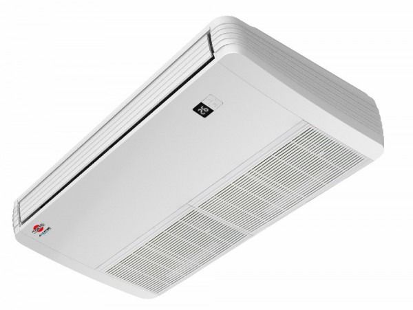 Unidad de aire acondicionado blanca montada en el techo con rejillas de ventilación y un pequeño logotipo.