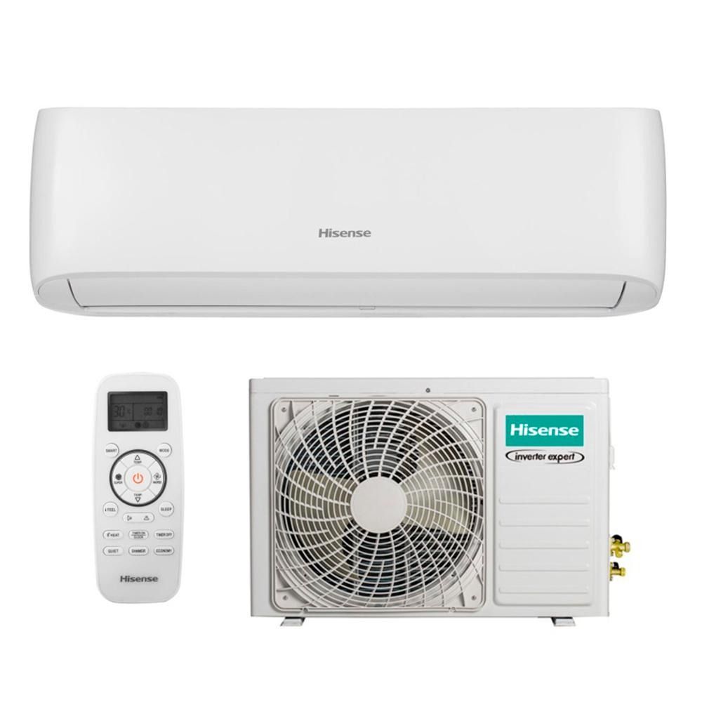 Unidad exterior de aire acondicionado Hisense blanca con ventilador frontal grande.