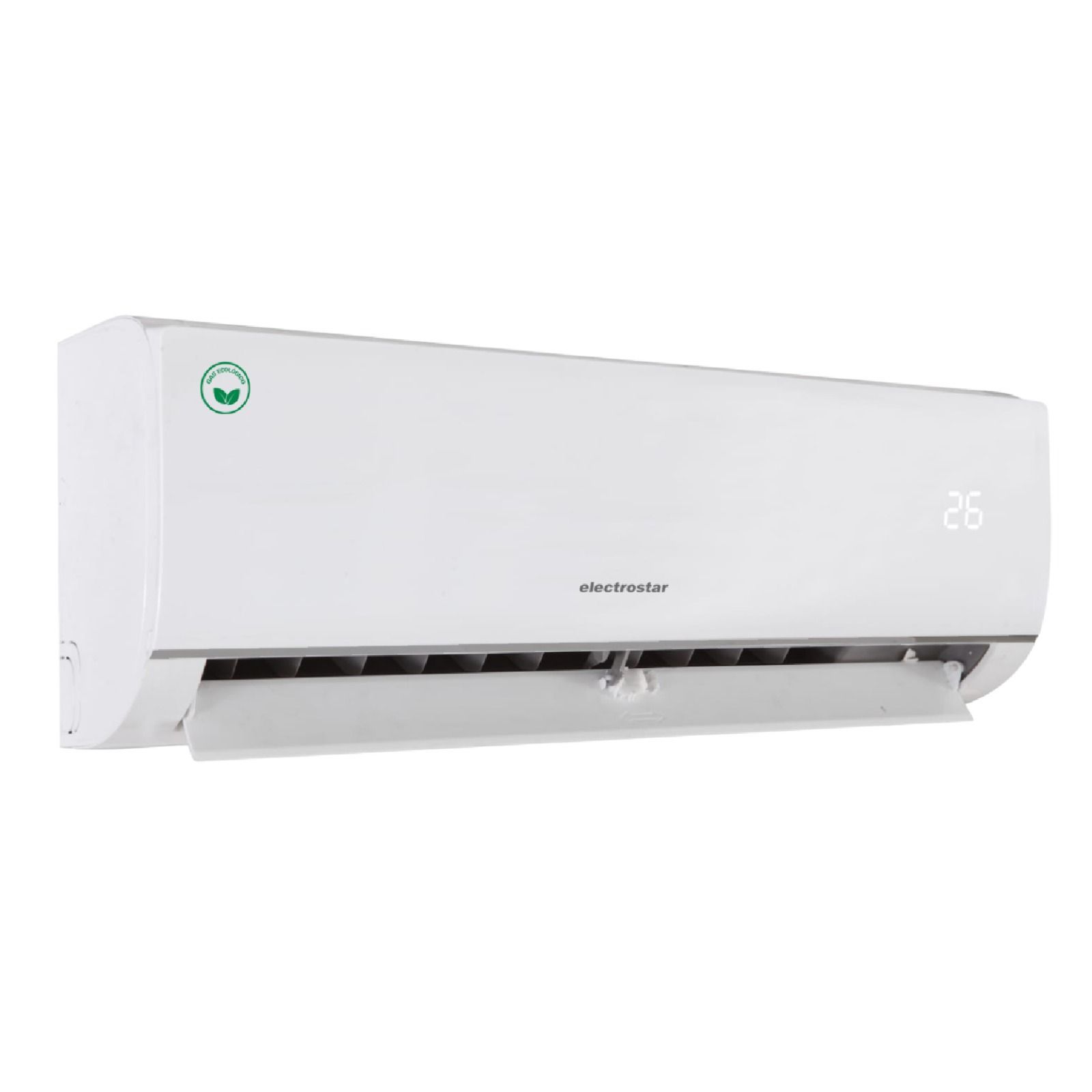 Unidad de aire acondicionado split blanca montada en la pared con rejillas de ventilación abiertas.