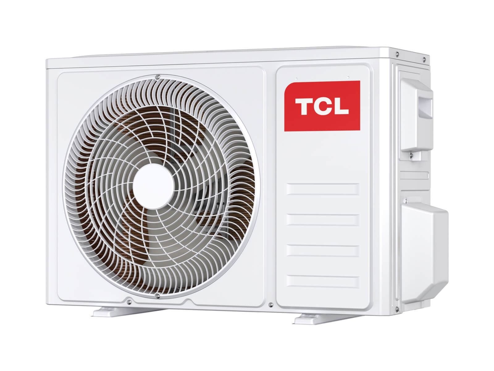 Unidad exterior de aire acondicionado TCL blanca con ventilador grande y rejilla lateral.