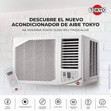 Anuncio de aire acondicionado de ventana Tokio, unidad blanca con control remoto y texto en español sobre un fondo claro.