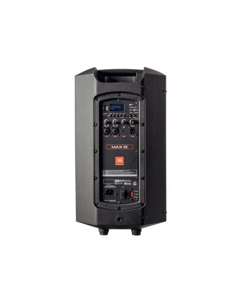 Altavoz PA portátil negro con panel de control, perillas y puertos en la parte posterior.