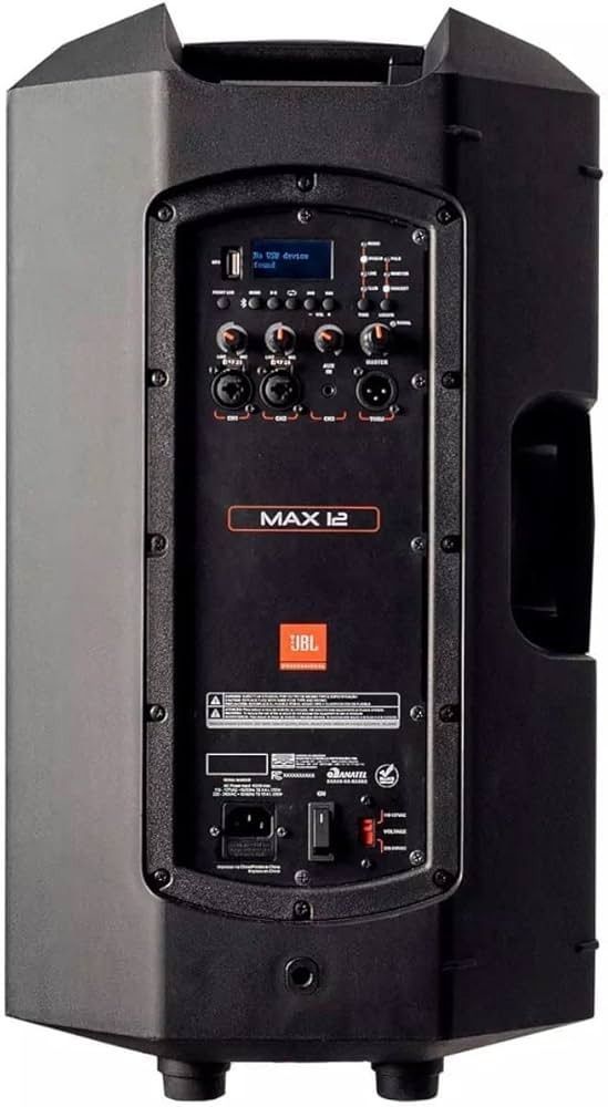 Altavoz portátil negro con panel de control y asa integrados, vista frontal.