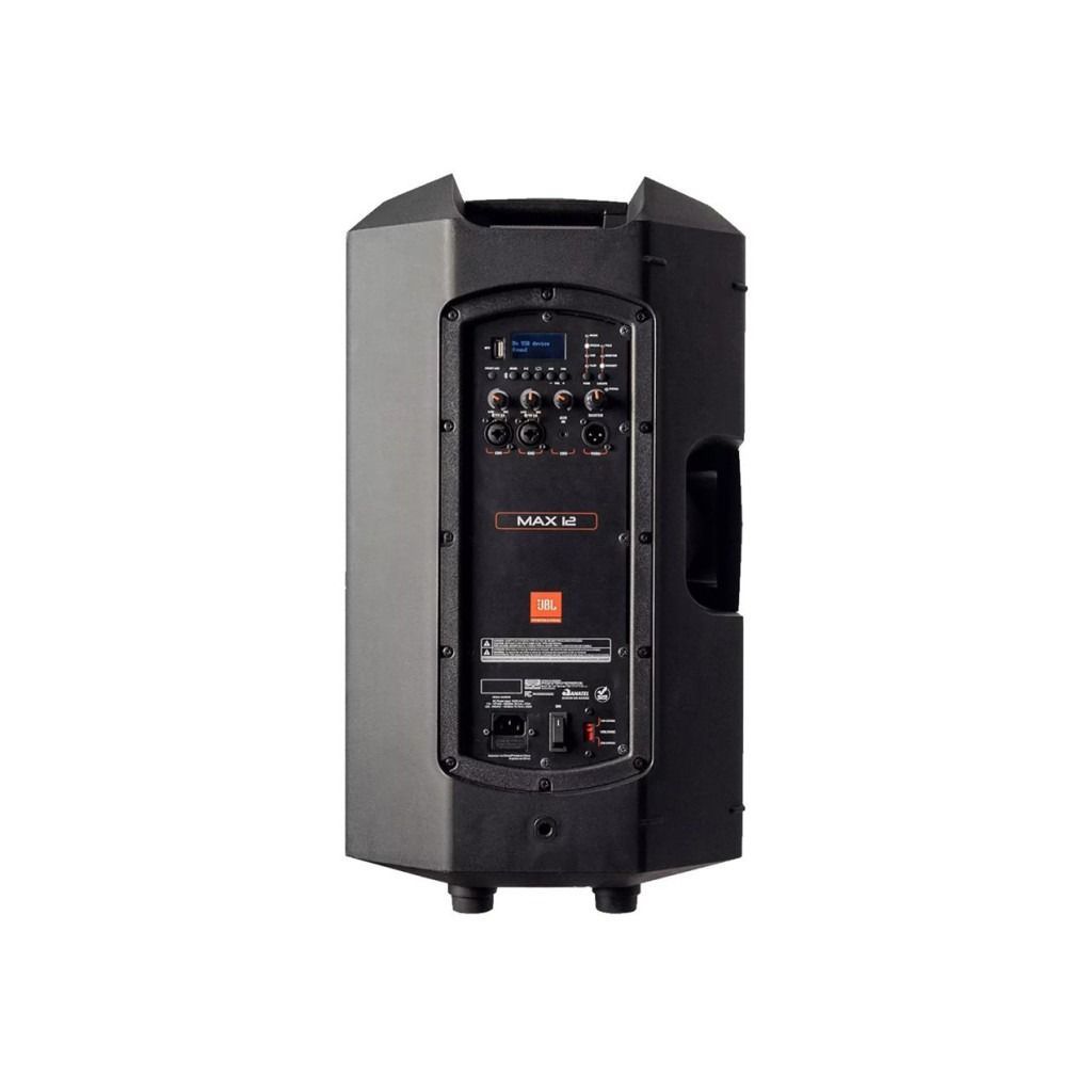 Altavoz portátil negro con panel de control y asa integrados, vista frontal.