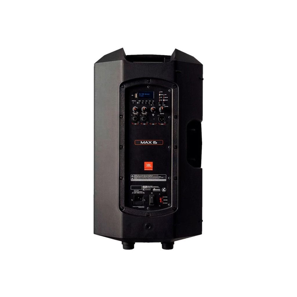 Altavoz portátil negro con rejilla frontal texturizada y panel de control sobre fondo blanco.