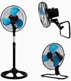 Ventilador eléctrico de pie con aspas azules, base redonda y mástil negro.
