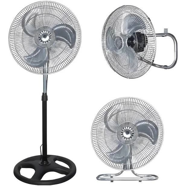 Tres ventiladores de pedestal y de escritorio de metal plateado mostrados desde vistas frontal y lateral.