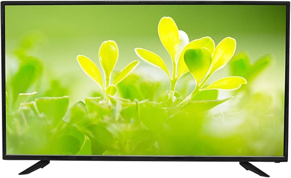 Televisor de pantalla plana que muestra hojas de color verde brillante sobre un fondo claro.