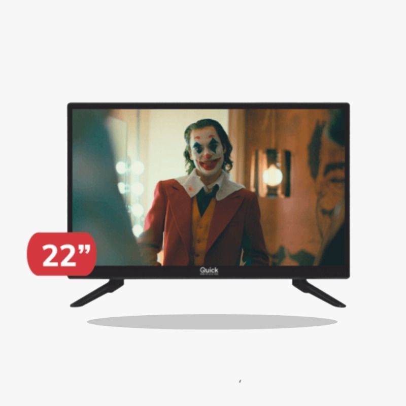 Televisor negro de 22 pulgadas que muestra a un payaso con un traje rojo, con una etiqueta roja de tamaño en la esquina.