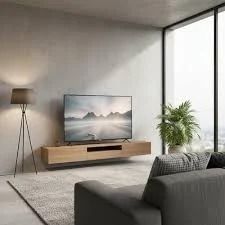 Televisor de 32 pulgadas que muestra una imagen colorida de personas sonrientes con gafas de sol brillantes.