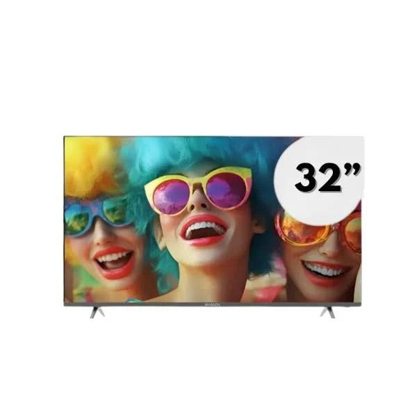 Televisor de 32 pulgadas que muestra una imagen colorida de personas sonrientes con gafas de sol brillantes.