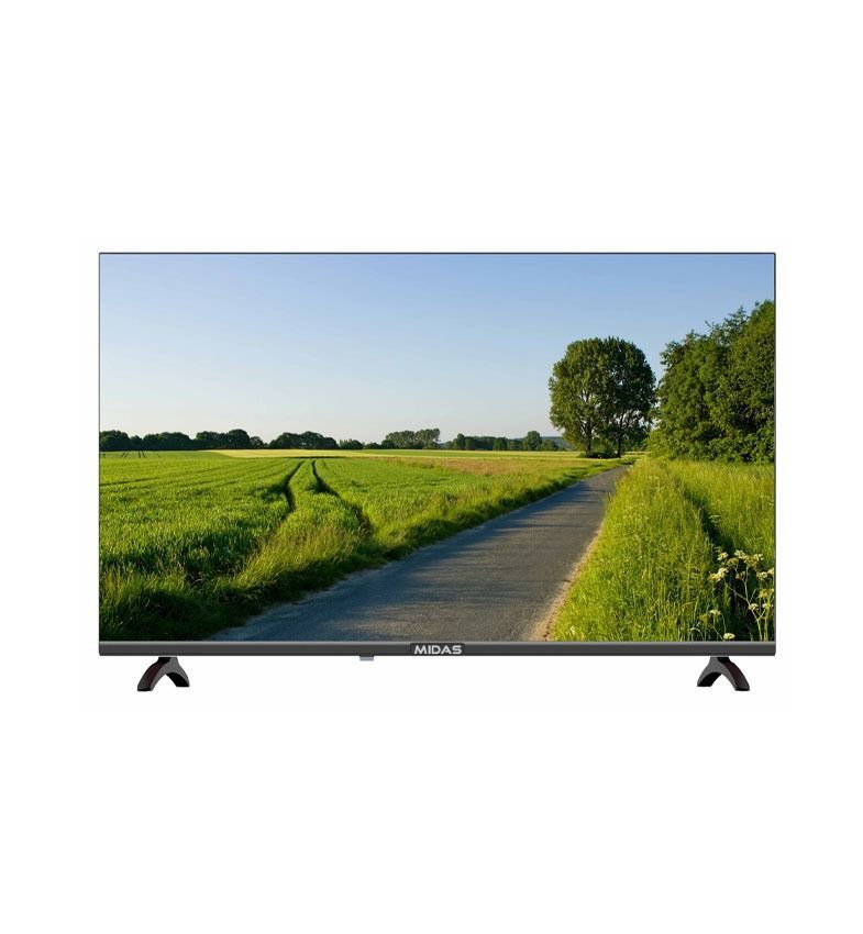 Televisor de pantalla plana que muestra una escena de una calle de la ciudad iluminada con luces de neón y logotipos de aplicaciones de streaming en la parte superior derecha.