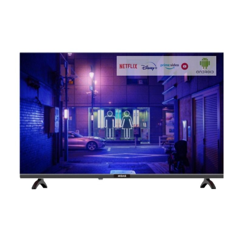 Televisor de pantalla plana que muestra una escena de una calle de la ciudad iluminada con luces de neón y logotipos de aplicaciones de streaming en la parte superior derecha.