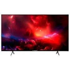 Televisor de pantalla plana que muestra una escena cósmica abstracta de color rojo y púrpura intenso sobre un fondo blanco.