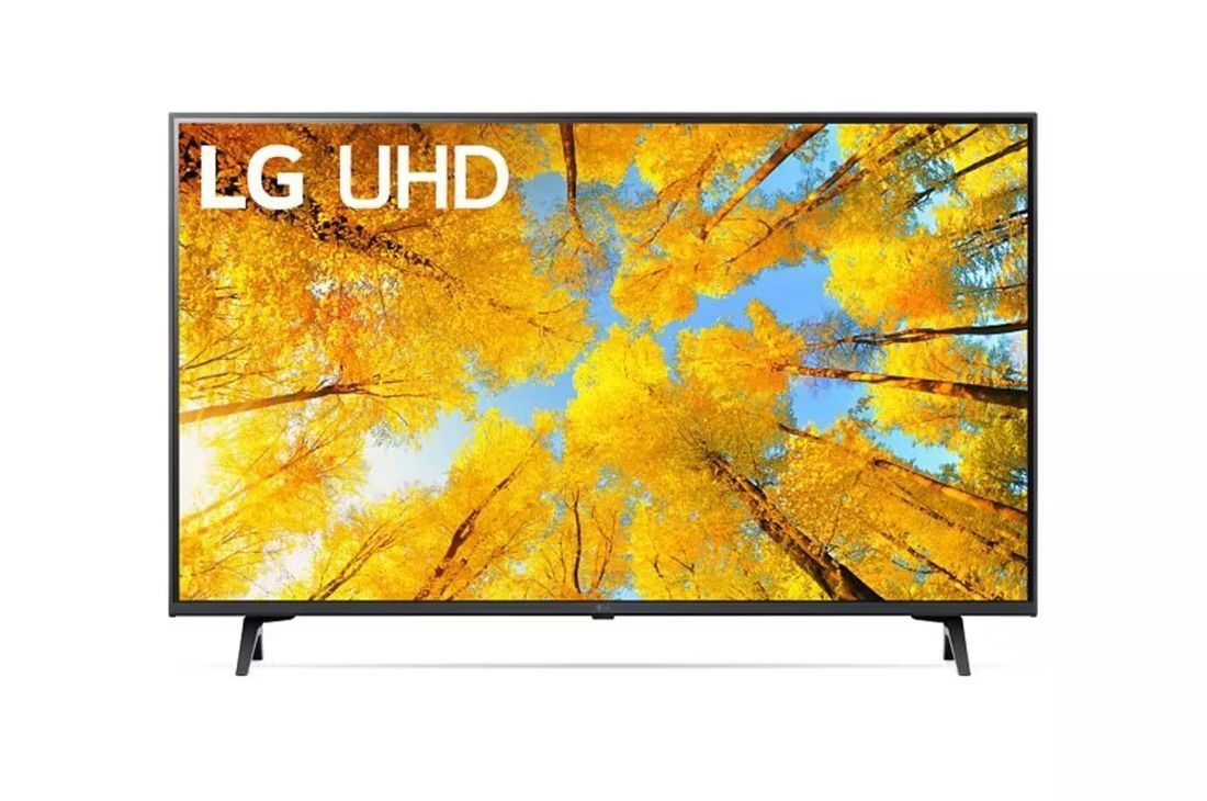Televisor LG UHD que muestra una escena de un bosque otoñal de color amarillo brillante.