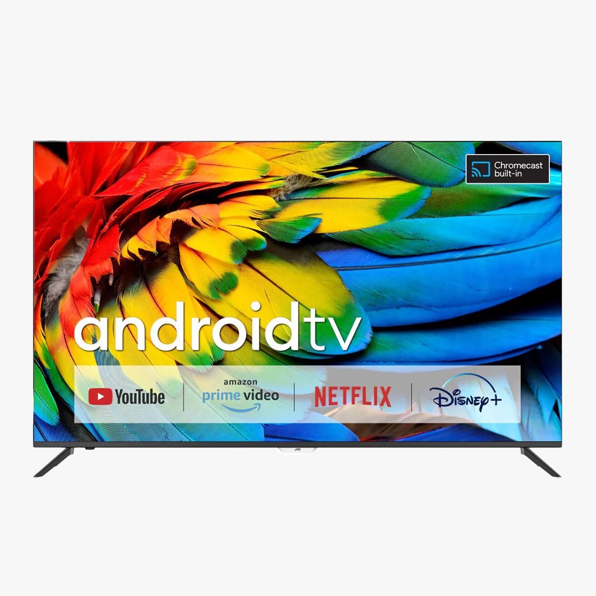 Android TV con un colorido diseño de plumas y logotipos de servicios de streaming en la pantalla.