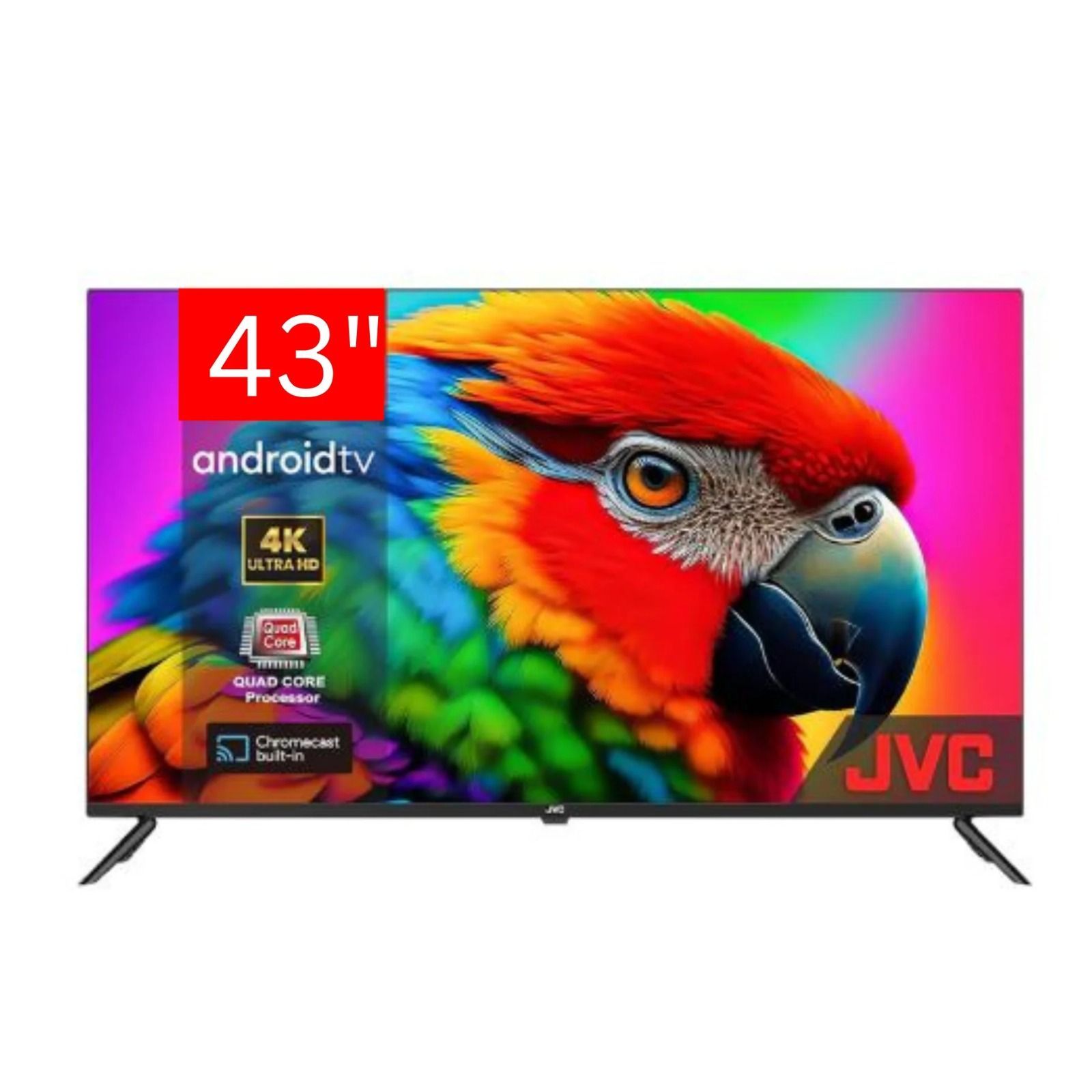 Android TV con un colorido diseño de plumas y logotipos de servicios de streaming en la pantalla.
