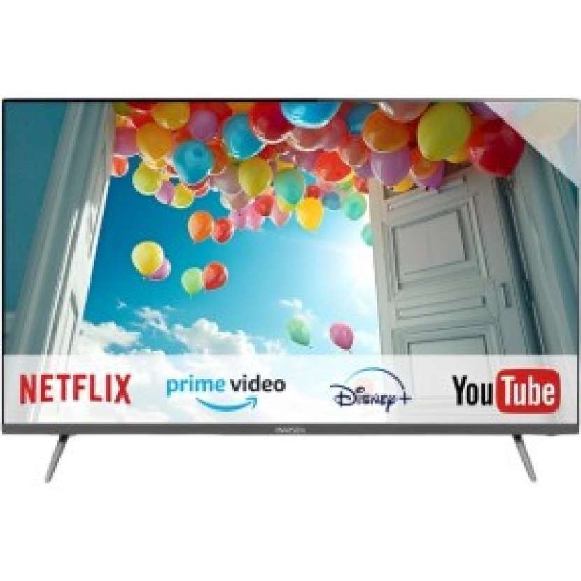 Televisor inteligente Marson negro de 50 pulgadas con resolución 4K UHD HDR e iconos de aplicaciones, que muestra un paisaje al atardecer.