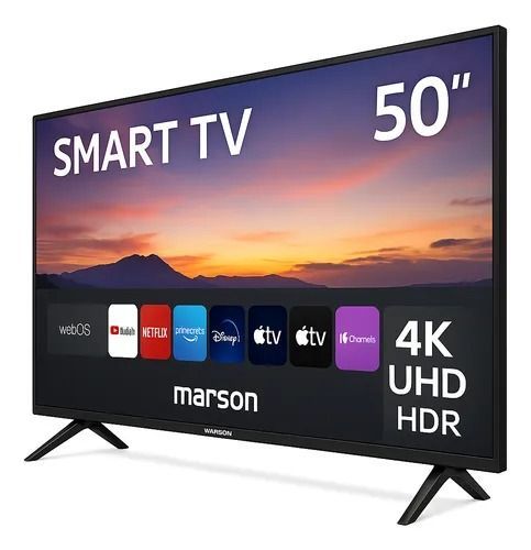 Televisor inteligente Marson negro de 50 pulgadas con resolución 4K UHD HDR e iconos de aplicaciones, que muestra un paisaje al atardecer.