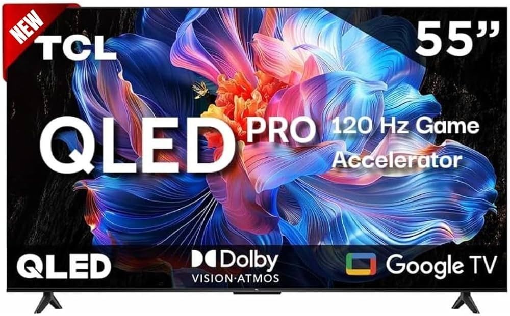 Televisor inteligente Google TV Ultra HD de 55 pulgadas que muestra una puesta de sol púrpura sobre agua y montañas.