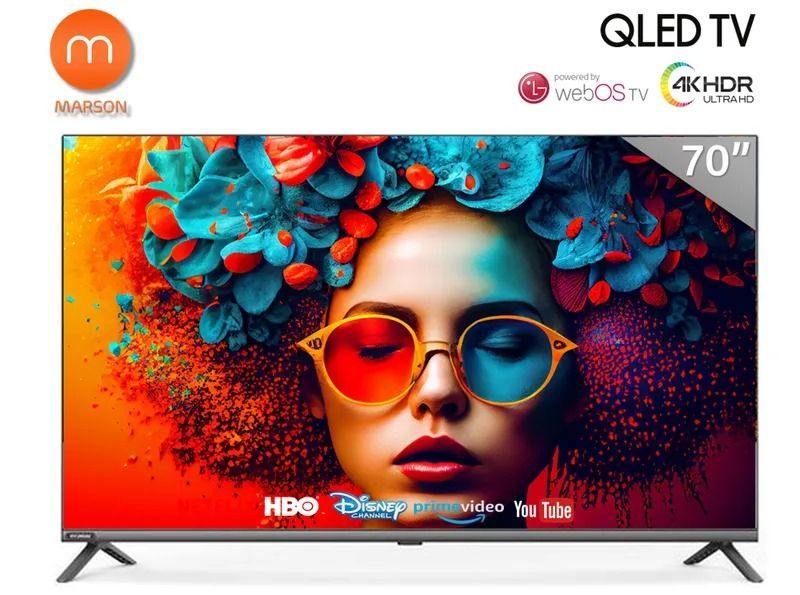 Televisor QLED de 70 pulgadas que muestra una imagen vibrante y colorida con los logotipos de las aplicaciones de streaming en pantalla.