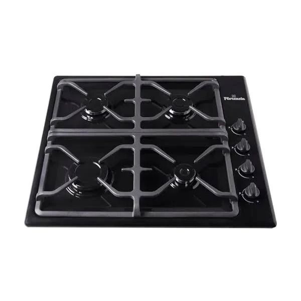 Placa de cocción de gas negra de cuatro quemadores con rejillas plateadas y mandos de control a la derecha.