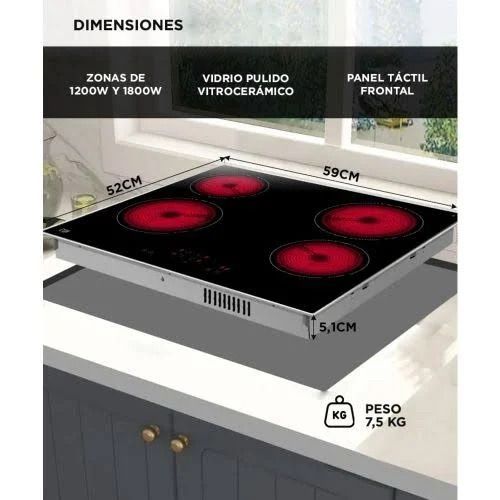 Placa de cocción de gas negra de cuatro quemadores con rejillas plateadas y mandos de control a la derecha.