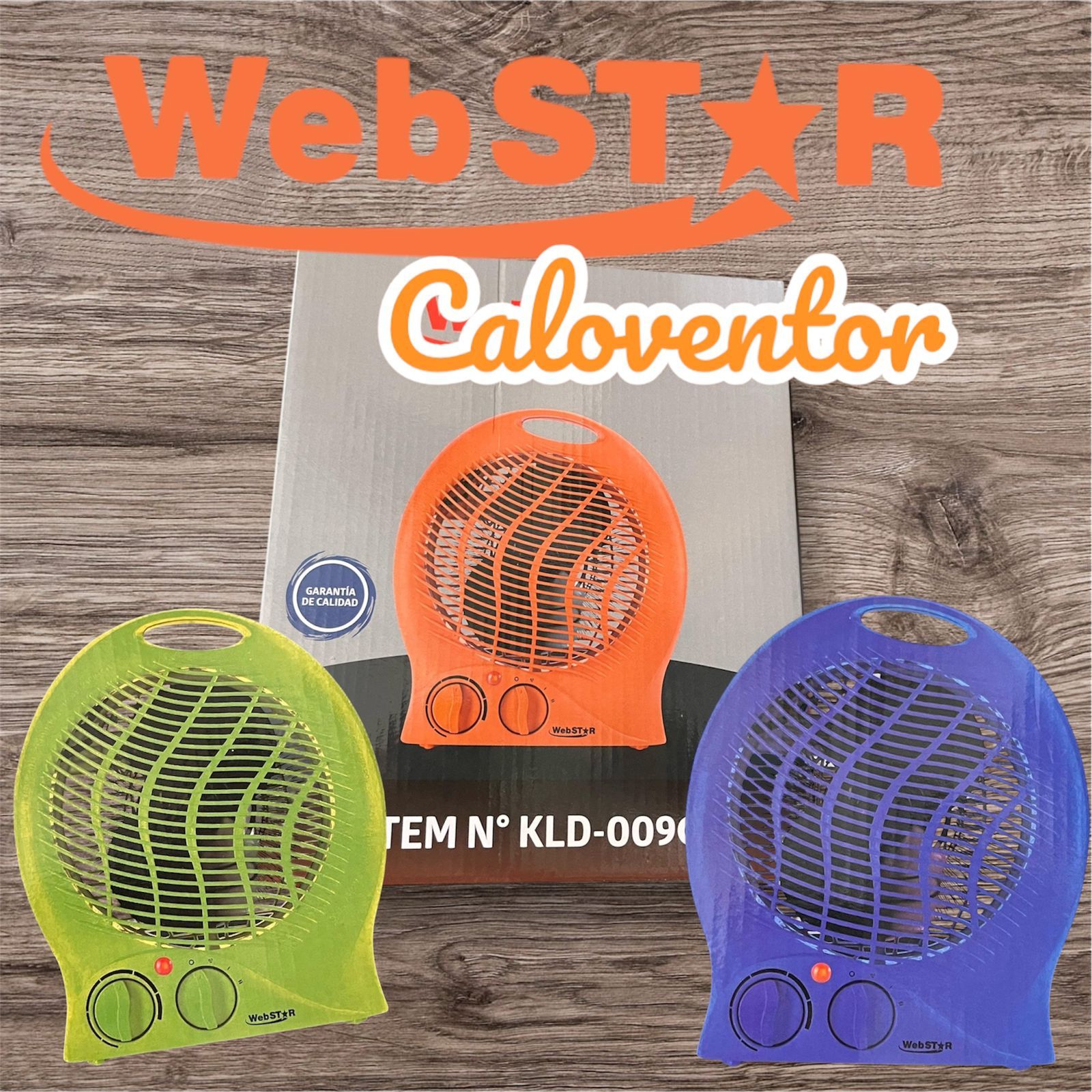 En exhibición tres mini calentadores WebStar Caloventor de colores: verde lima, naranja y morado.